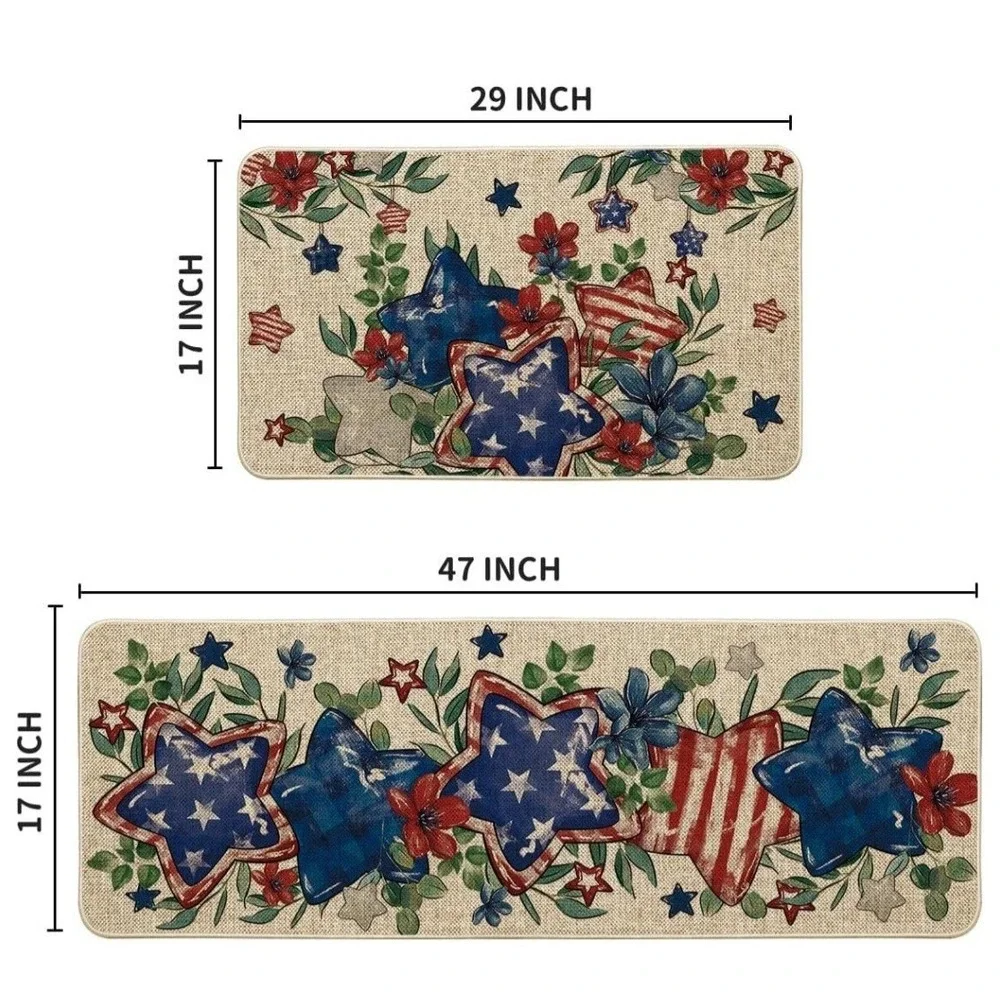 Eucalyptus Flowers Stars Patriotic 4th of July Kitchen Mats Set of 2, Memorial